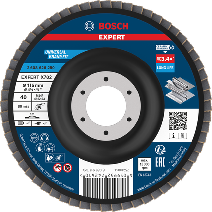 Lamelový kotouč Bosch EXPERT X782 115 mm G40 pro broušení kovů s dlouhou životností.